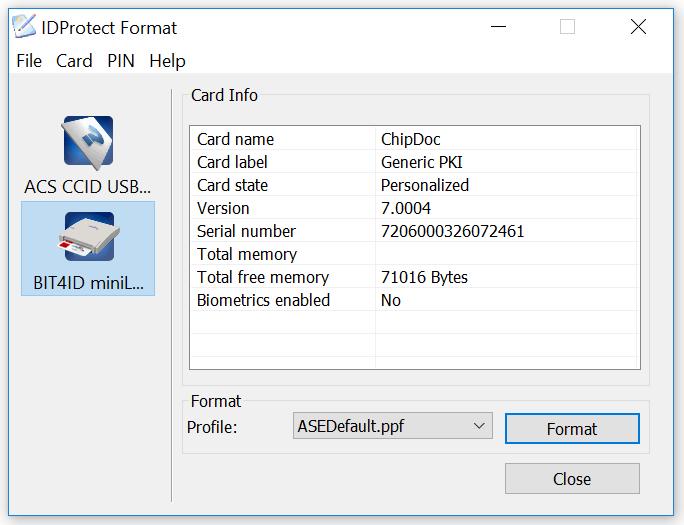 IDProtect Format Aby wyczyścić kartę z wszystkich istniejących na niej kluczy oraz certyfikatów wybieramy w sekcji Format profil ASEDefault.