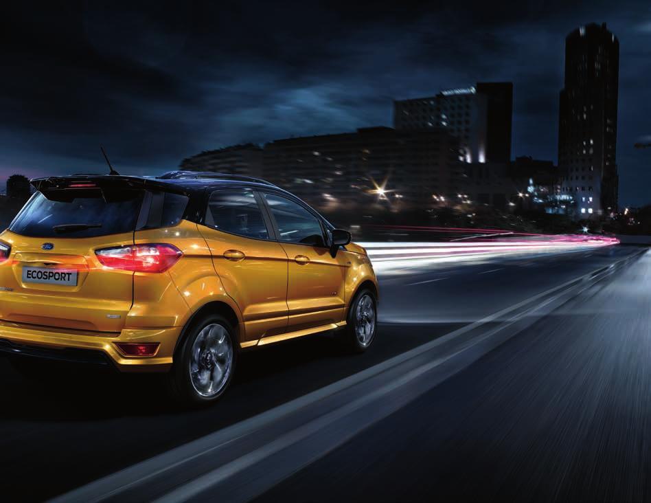 Podążaj własną drogą Ford EcoSport ST-Line z opcjonalnym wyposażeniem: - lakier metalizowany Luxe Yellow - 18" obręcze kół ze stopów lekkich Inteligentny układ napędu na wszystkie koła (AWD)