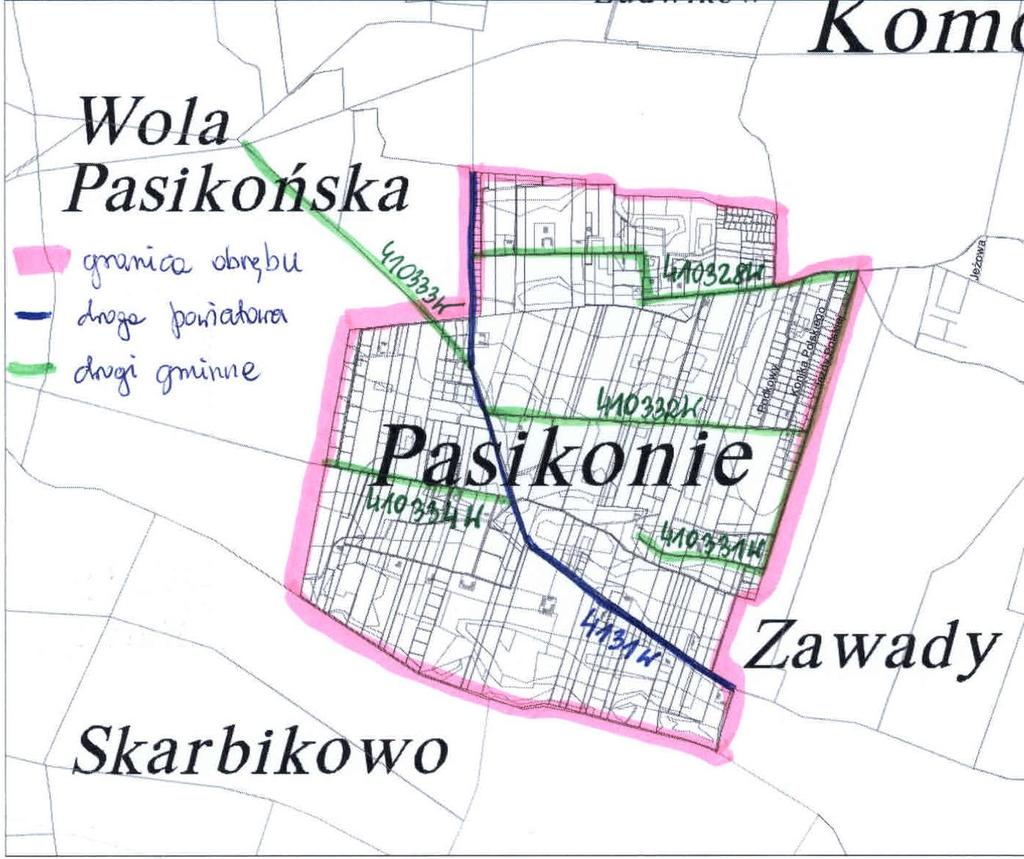 Transport Przez teren wsi przebiegają zarówno droga powiatowa jak i drogi gminne. Drogą powiatową jest droga nr 01601. Odcinek drogi biegnący przez Pasikonie wynosi 2691 m. Jest to droga asfaltowa.
