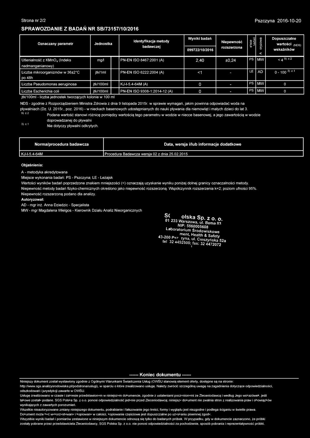 2 jtk/1ml PN-EN IS 6222:2004 (A) <1 - LE AD 0-100 3) z.1 Liczba Pseudomonas aeruginosa jtk/100ml KJ-I-5.