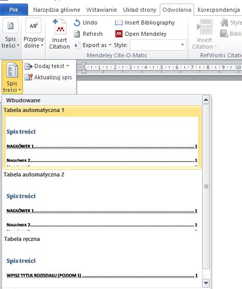 18 Automatyczny spis treści w MS Word wśród trzech dostępnych standardowo opcji pierwsze dwie to Tabela automatyczna (zalecane!