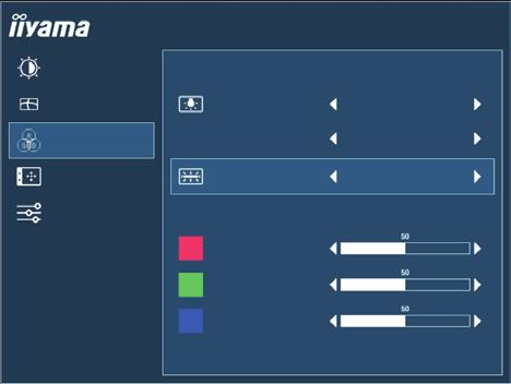 Temp. kolorów Color Settings Jasność Temp. kolorów ProLite XUB2595WSU Ustawienia obrazu Gamma Gamma1 Temp. kolorów 6-osiowa Odcień Konfiguracja OSD Temp.