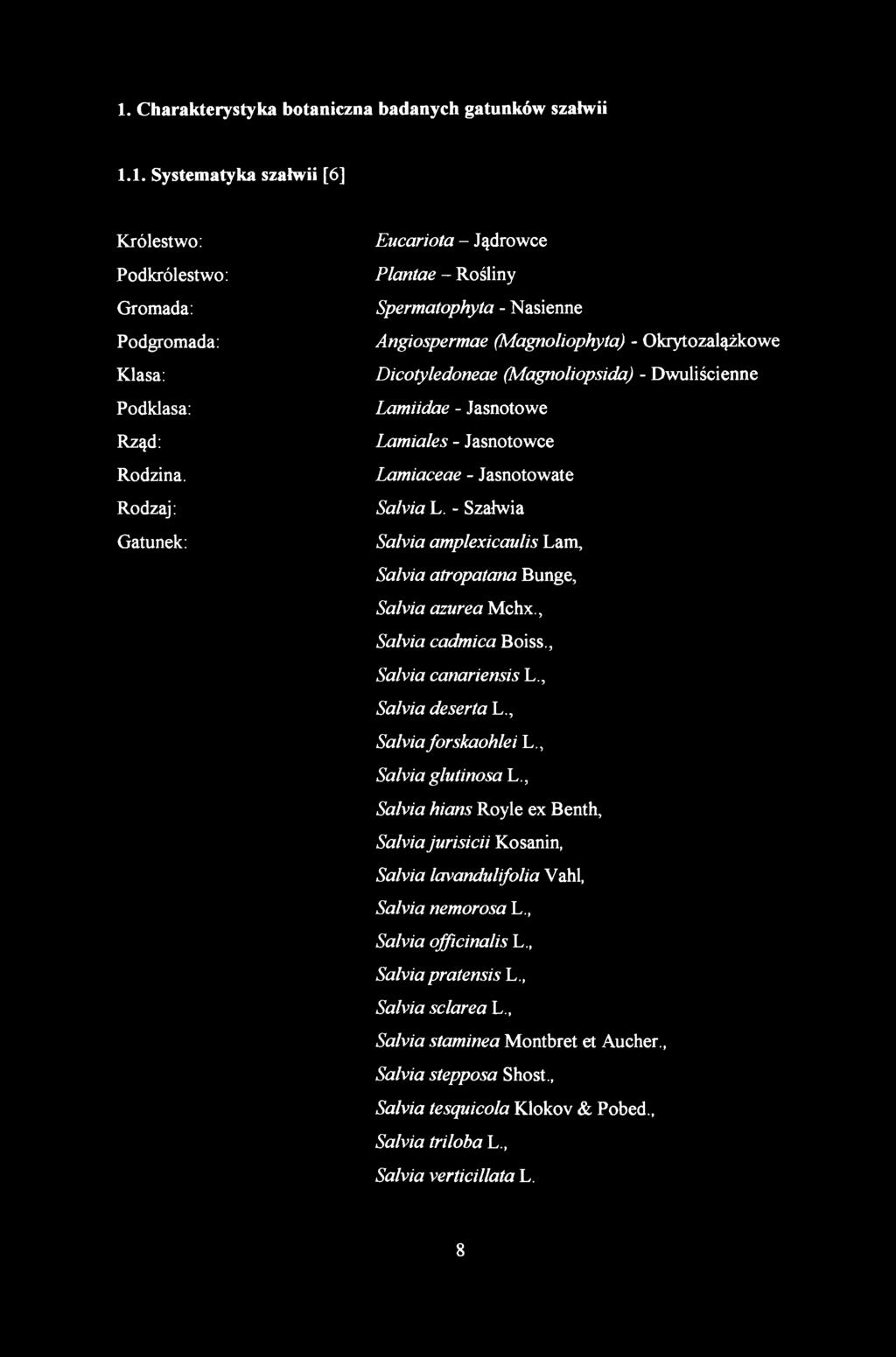 1.1. Systematyka szałwii [6] Królestwo: Podkrólestwo: Gromada: Podgromada: Klasa: Podklasa: Rząd: Rodzina.
