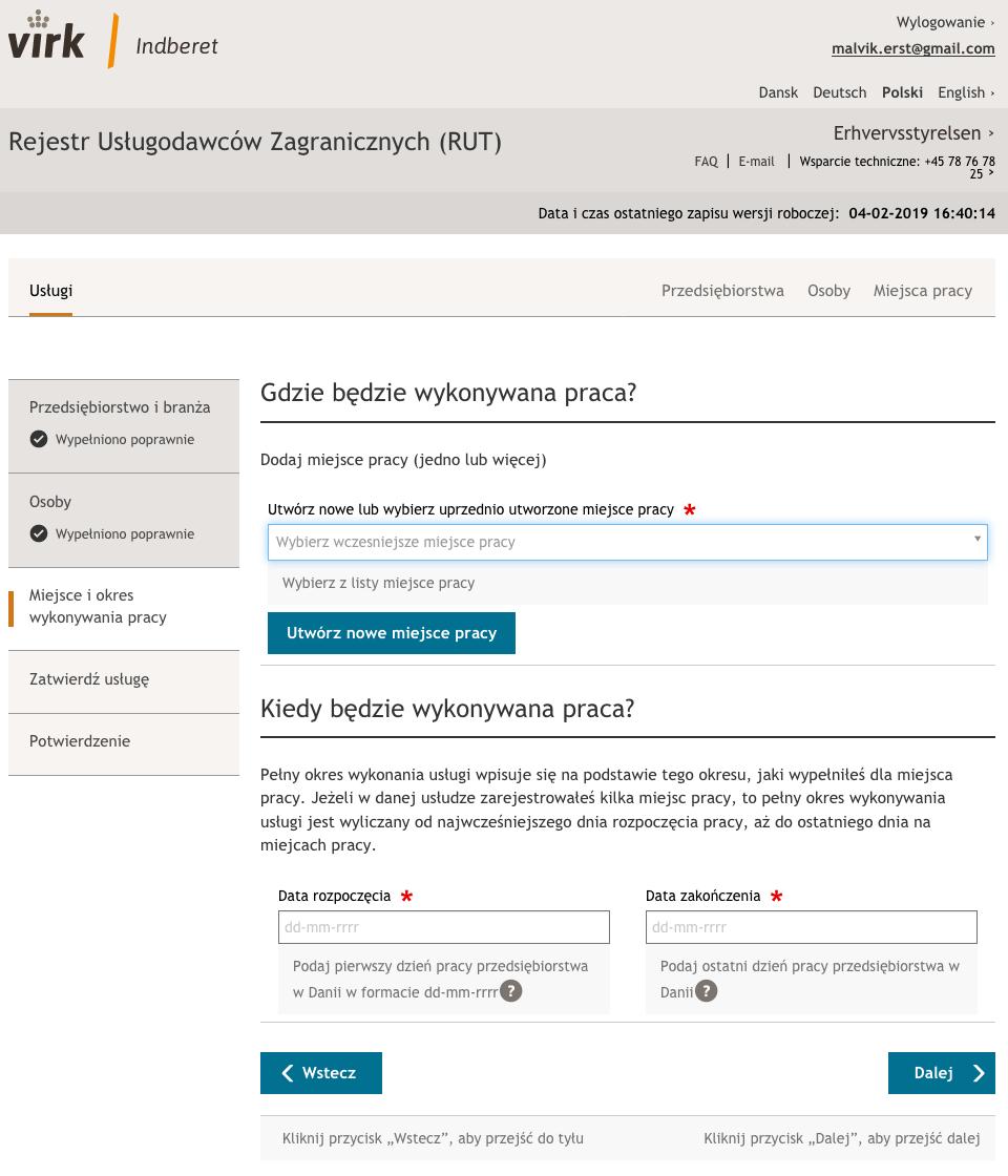 Ilustracja 14 Etap Miejsce i okres wykonywania pracy Aby wprowadzić informację o tym, gdzie praca będzie wykonywana, należy kliknąć przycisk Utwórz nowe miejsce pracy.