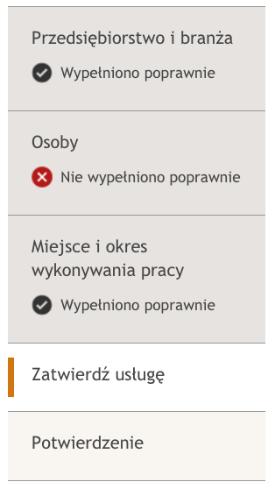 3.5 Zatwierdzenie usługi Ilustracja 17 Status poprawnego ukończenia poszczególnych etapów Na zakładce Zatwierdź usługę można zapoznać się z zestawieniem wprowadzonych