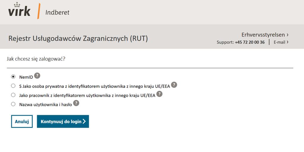 2.1 Logowanie Dostępne są trzy różne sposoby logowania do RUT: Duński system identyfikacji tożsamości NemID Zagraniczny system identyfikacji tożsamości eidas Nazwa użytkownika i hasło Zalecamy