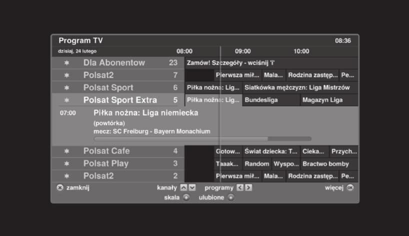 Uwaga! Po podłączeniu dysku twardego DTU 320 (dostępnego w wybranych punktach sprzedaży Cyfrowego Polsatu) podświetlenie audycji i naciśnięcie przycisku REC zaprogramuje nagranie danej audycji.