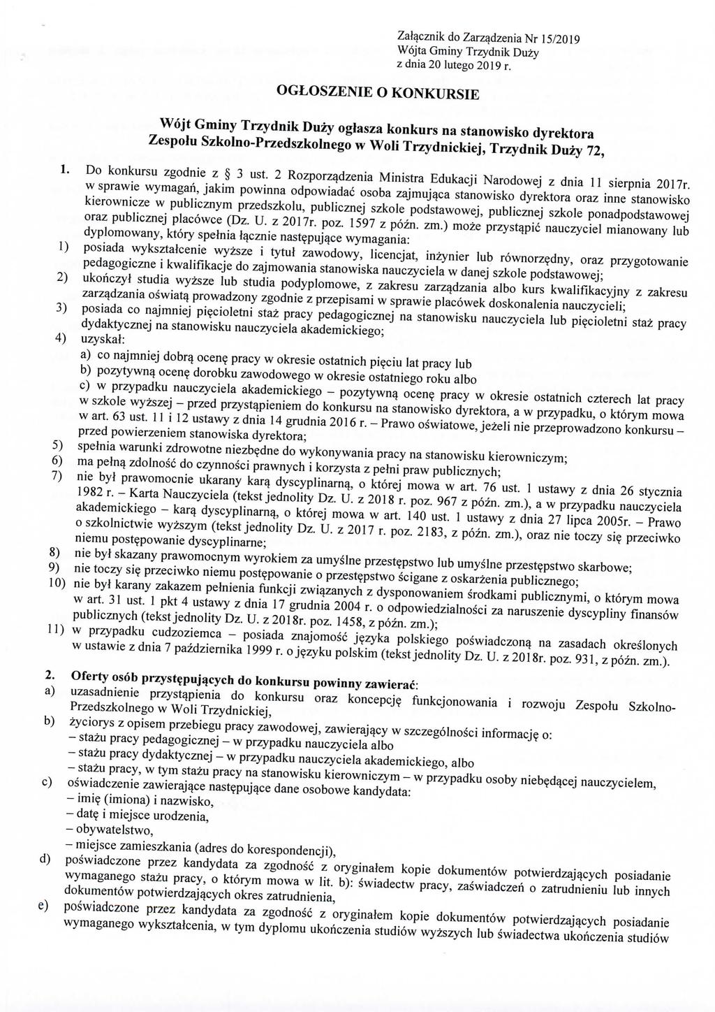 OGLOSZENIE O KONKURSIE Zalacznik do Zarz^dzenia Nr 15/2019 Wojta Gminy Trzydnik Duzy zdnia20iutego20i9r.