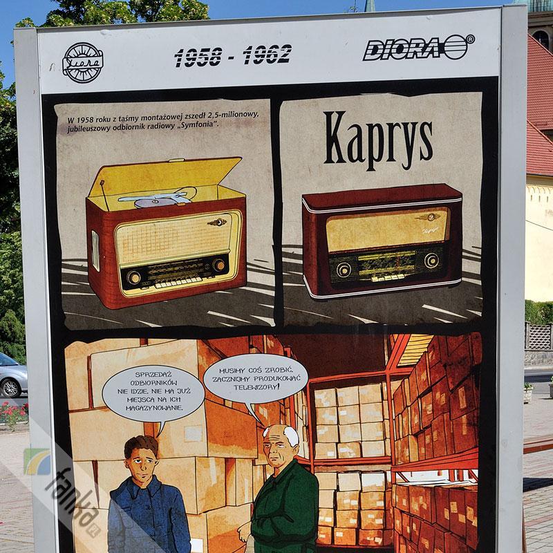 Tablica 9. 1958-1962 W 1958 roku z taśmy montażowej zszedł 2,5-milnionowy, jubileuszowy odbiornik radiowy Symfonia. Na planszy ukazano też radio Kaprys.