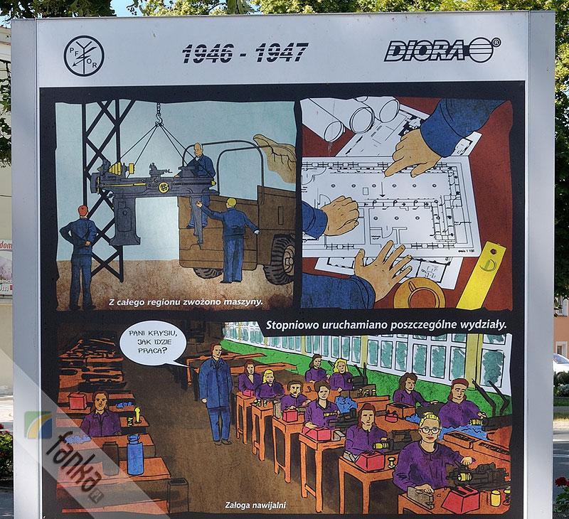 Tablica 3. 1946-1947 Z całego regionu zwożono maszyny. Stopniowo uruchomiano poszczególne wydziały, ukazana nawijalnia i narzędziownia. Pierwszą konstrukcją zakładu był Srebrny Ton.