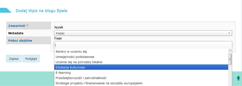 W zakładce Metadata wybieramy język, w jakim artykuł zostanie opublikowany oraz tagi - do wyboru z rozwijanej listy.