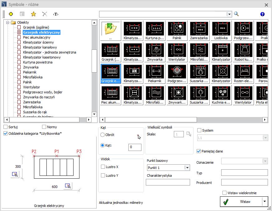 Electrical rozszerzenie bibliotek symboli i obiektów Do programu wprowadzono dodatkowe parametryczne symbole stosowane do projektowania na planach budowlanych, jak: grzejniki,