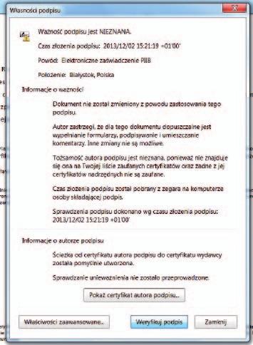 Po zatwierdzeniu podpisu, ikona w lewym dolnym rogu strony powinna wyglądać następująco. Opracowano na podstawie programu Adobe Acrobat Reader 11.0.