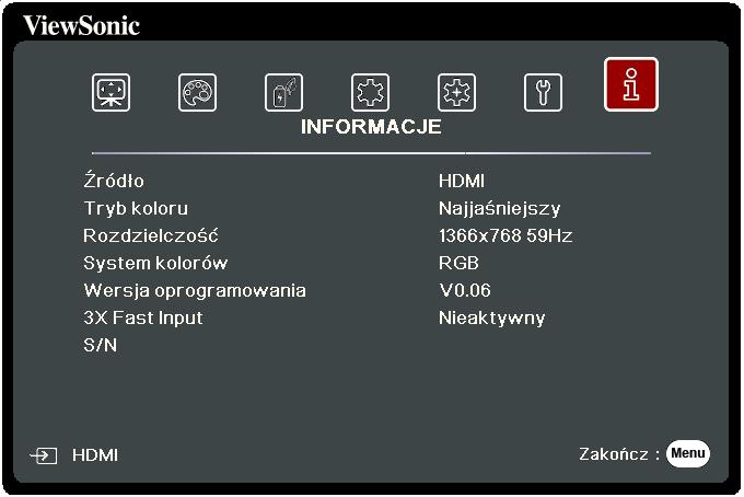 Menu INFORMACJE 1. Aby wyświetlić menu ekranowe (OSD), naciśnij Menu. 2. Naciśnij /, aby wybrać menu INFORMACJE i wyświetlić jego zawartość.