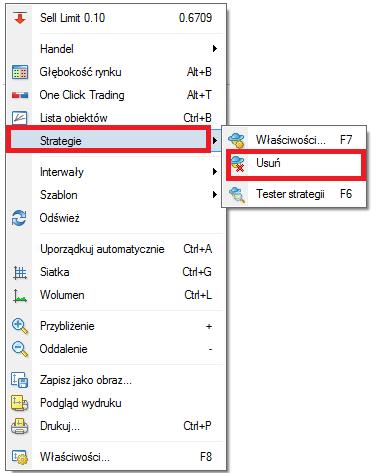 Aby wyłączyć strategię należy kliknąć prawym klawiszem myszki na wykresie następnie wybrać: Strategie i Usuń Strategię bądź odznaczyć opcję AutoTrading.