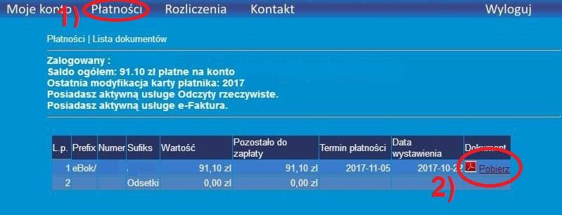 tabeli. 2. W polu 1) podajemy aktualny stan licznika wodomierza a następnie 2) klikamy na Zapisz. 3.