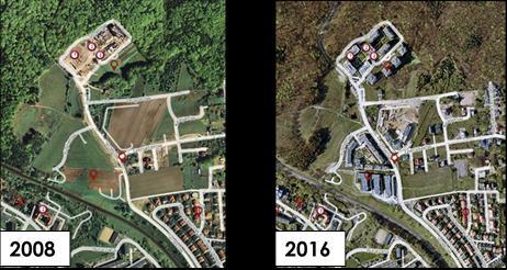 Rysunek 1. Intensyfikacja zabudowy w rejonie ul. Strzelców porównanie pomiędzy rokiem 2008 i 2016. Źródło: ZDiZ.