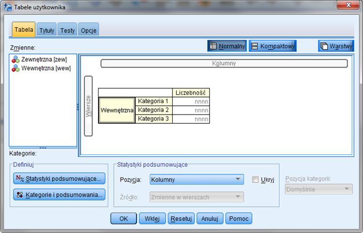 2 Raportowanie Tabele zagnieżdżone z sortowaniem po statystykach CTABLES /VLABELS VARIABLES=wew DISPLAY=LABEL /TABLE wew [COUNT F40.0] /CATEGORIES VARIABLES=wew ORDER=A KEY=VALUE EMPTY=INCLUDE.