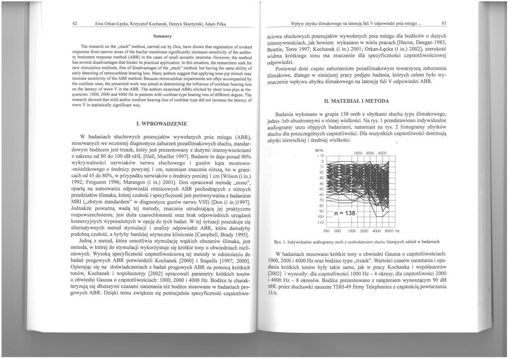 62 Ewa Orkan-Łęcka, Krzysztof Kochanek, Henryk Skarżyński, Adam Piłka Wpływ ubytku ślimakowego na latencję fali V odpowiedzi pnia mózgu.