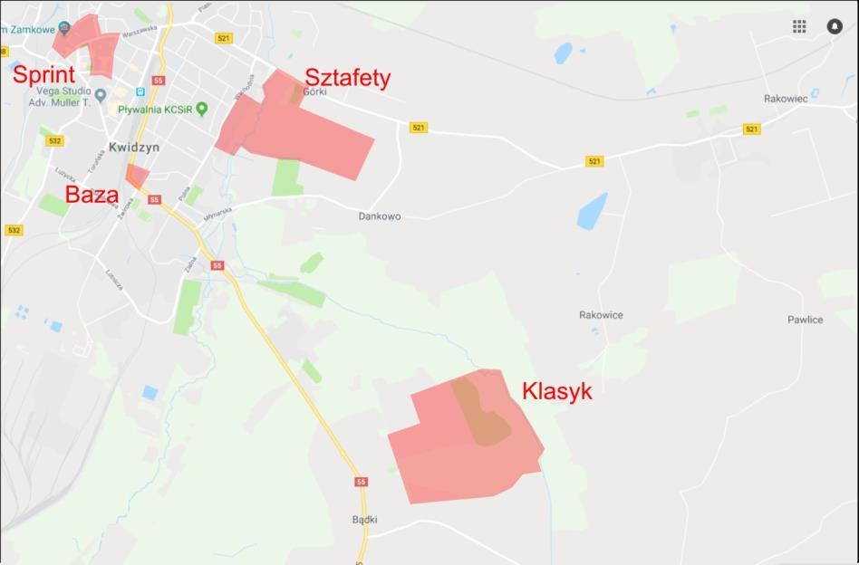 7.Teren zawodów Wszystkie biegi odbywają się w odległości nie większej niż 6 km od bazy zawodów mieszczącej się w hali sportowej KCSiR
