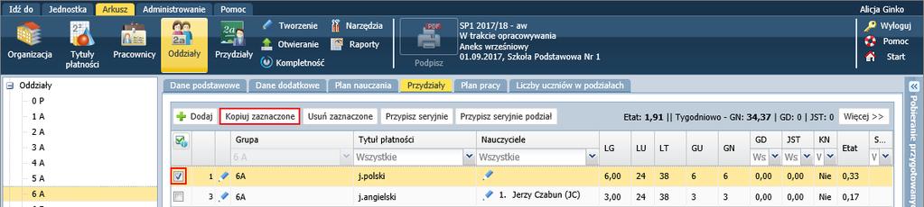 roku szkolnego zmienia się nauczyciel prowadzący zajęcia, to najwygodniej opisuje się to w widoku przydziałów tego oddziału. 1.