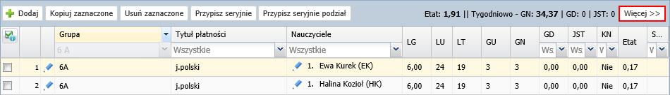 pierwszym polu czas realizacji zajęć przez nauczyciela w tygodniach, w drugim polu numer tygodnia