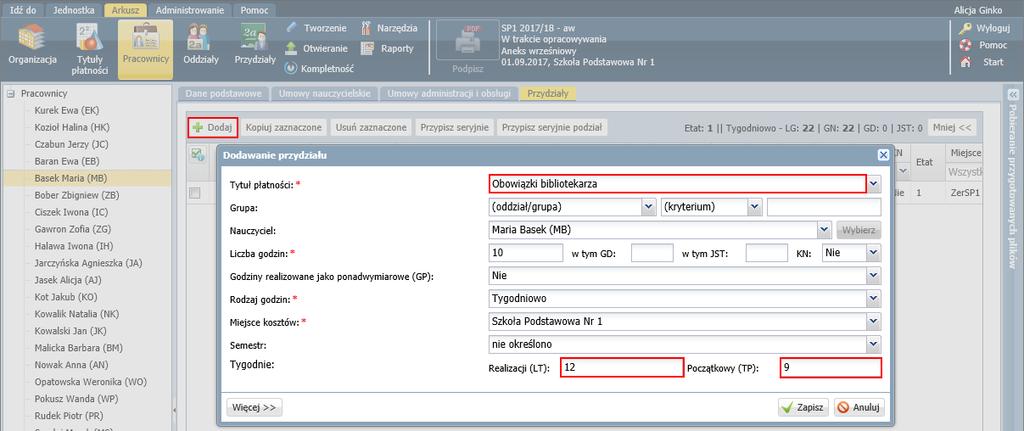 podobnie jak nieobecność płatną. 1. Przejdź do widoku Arkusz/ Pracownicy i w drzewie danych wybierz właściwego nauczyciela. 2. Przejdź na kartę Przydziały. 3.
