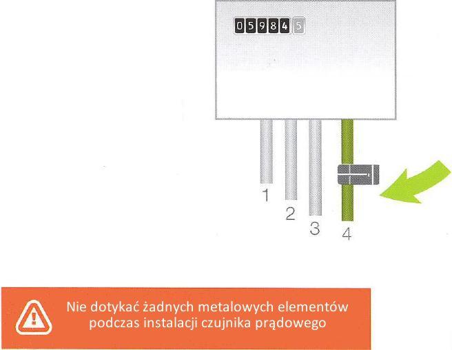 ZLOKALIZUJ PRZEWÓD ZASILAJĄCY UMIEŚĆ CZUJNIK Na wyjściu licznika energii elektrycznej powinny znajdować się cztery przewody (patrz rysunek).