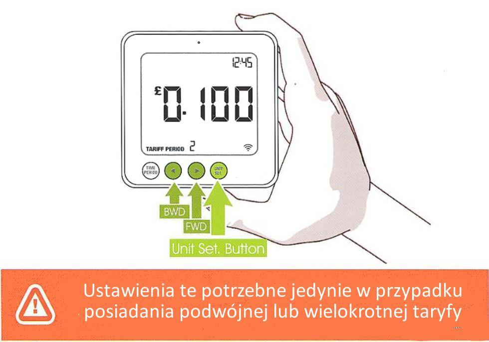 USTAWIENIE POZOSTAŁYCH DANYCH USTAWIENIE KILKU TARYF Naciśnij i przytrzymaj przycisk ustawień jednostki unit set przez 2 sekundy.