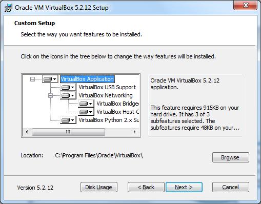 Składniki środowiska VirtualBox jakie zostaną zainstalowane, pozostawiamy bez zmian domyślnie, natomiast miejsce zainstalowania tego środowiska w komputerze można zmienić przyciskiem Browse.