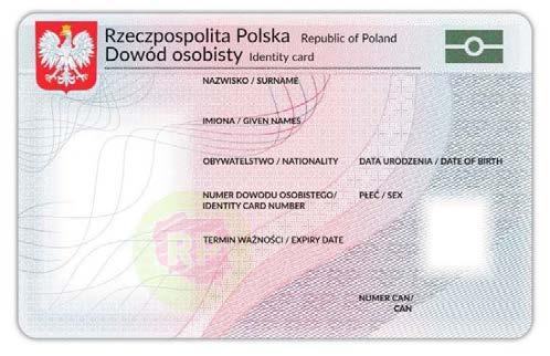 Czarne napisy drukowane czcionką o różnej wielkości: 1) Rzeczpospolita Polska Republic of Poland, 2) Dowód osobisty Identity card, 3) NAZWISKO / SURNAME, 4) IMIONA / GIVEN NAMES, 5) OBYWATELSTWO /