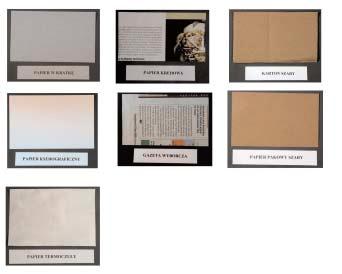 Materia³ badawczy Materia³ do badañ stanowi³y œlady linii papilarnych pozostawione na siedmiu rodzajach papieru, a mianowicie papierze kserograficznym, papierze termoczu³ym na stronie pokrytej