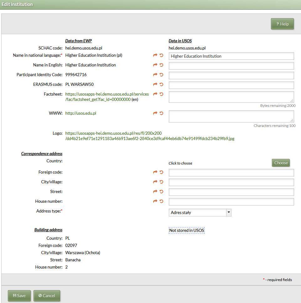 University of Warsaw gets the rest of the institution data from the partner by calling