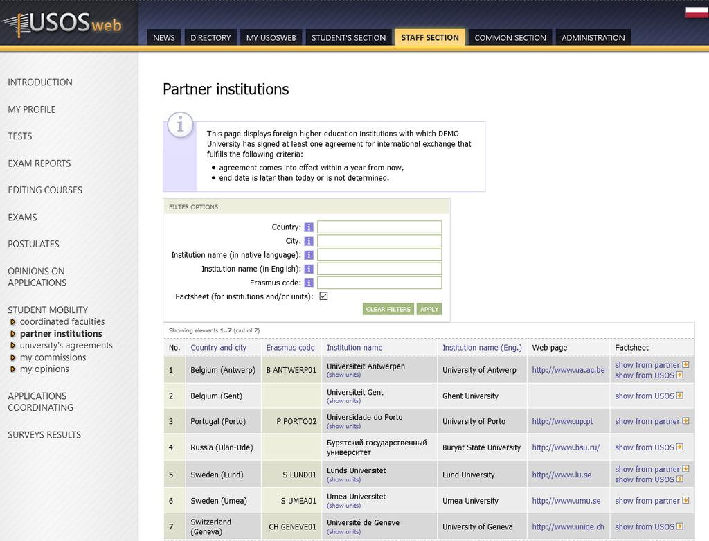 University of Warsaw displays all obtained factsheets in