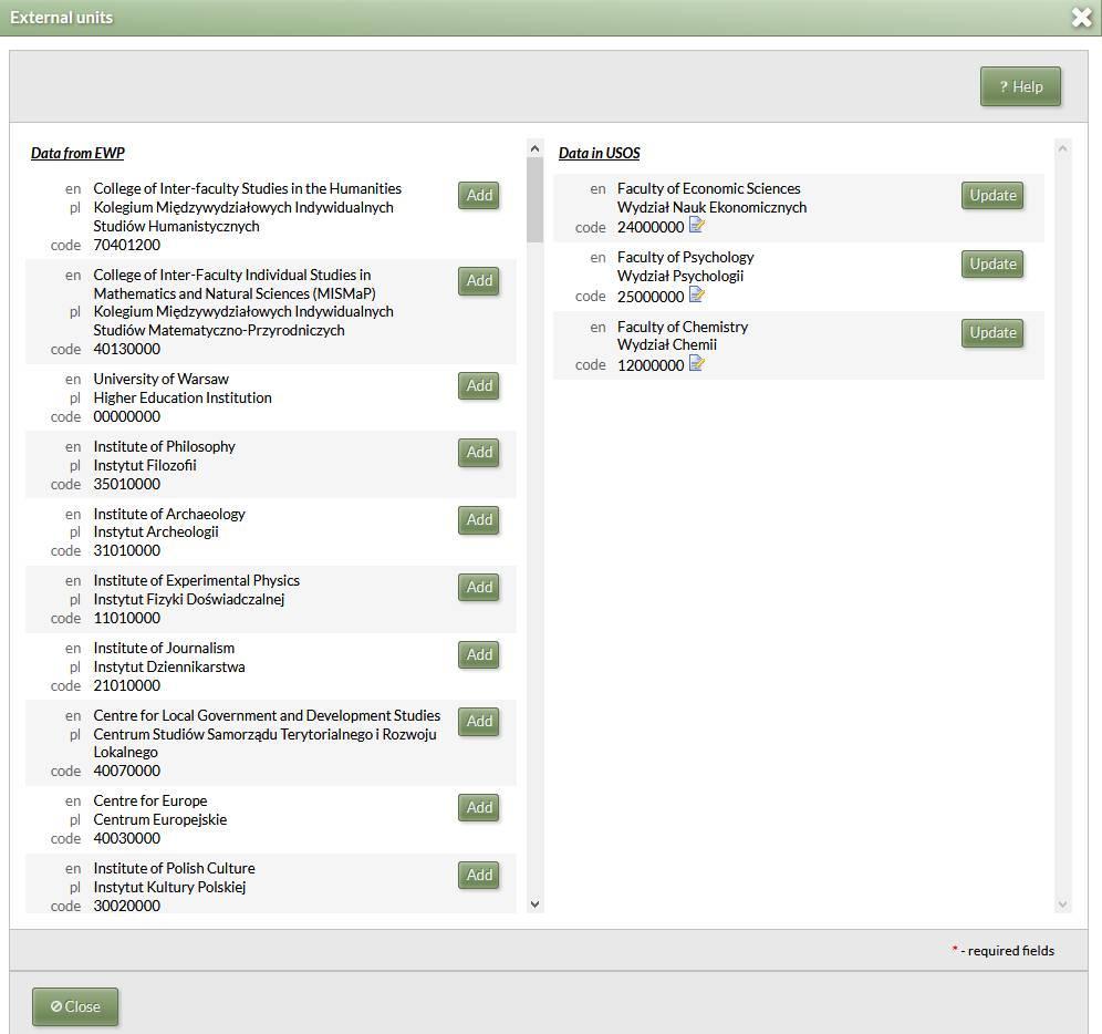 University of Warsaw gets units of the partner HEI by Organizational Units API.