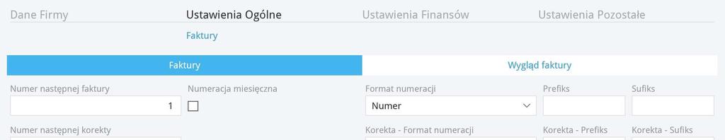 Numer następnej faktury określa numer kolejnej faktury sprzedaży wystawianej w programie. Numerem domyślnym jest 1001.