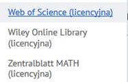 Spośród baz na stronie Biblioteki Głównej wybieramy Web of Science.