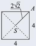 W podstawie naszego ostrosłupa znajduje się kwadrat o boku długości 4 Zatem pole podstawy jest równe: Podstawiamy