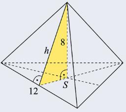 przystające ściany boczne, będące trójkątami równoramiennymi o podstawie 12 i wysokości h Aby obliczyć wysokość ściany bocznej h, rozpatrzmy