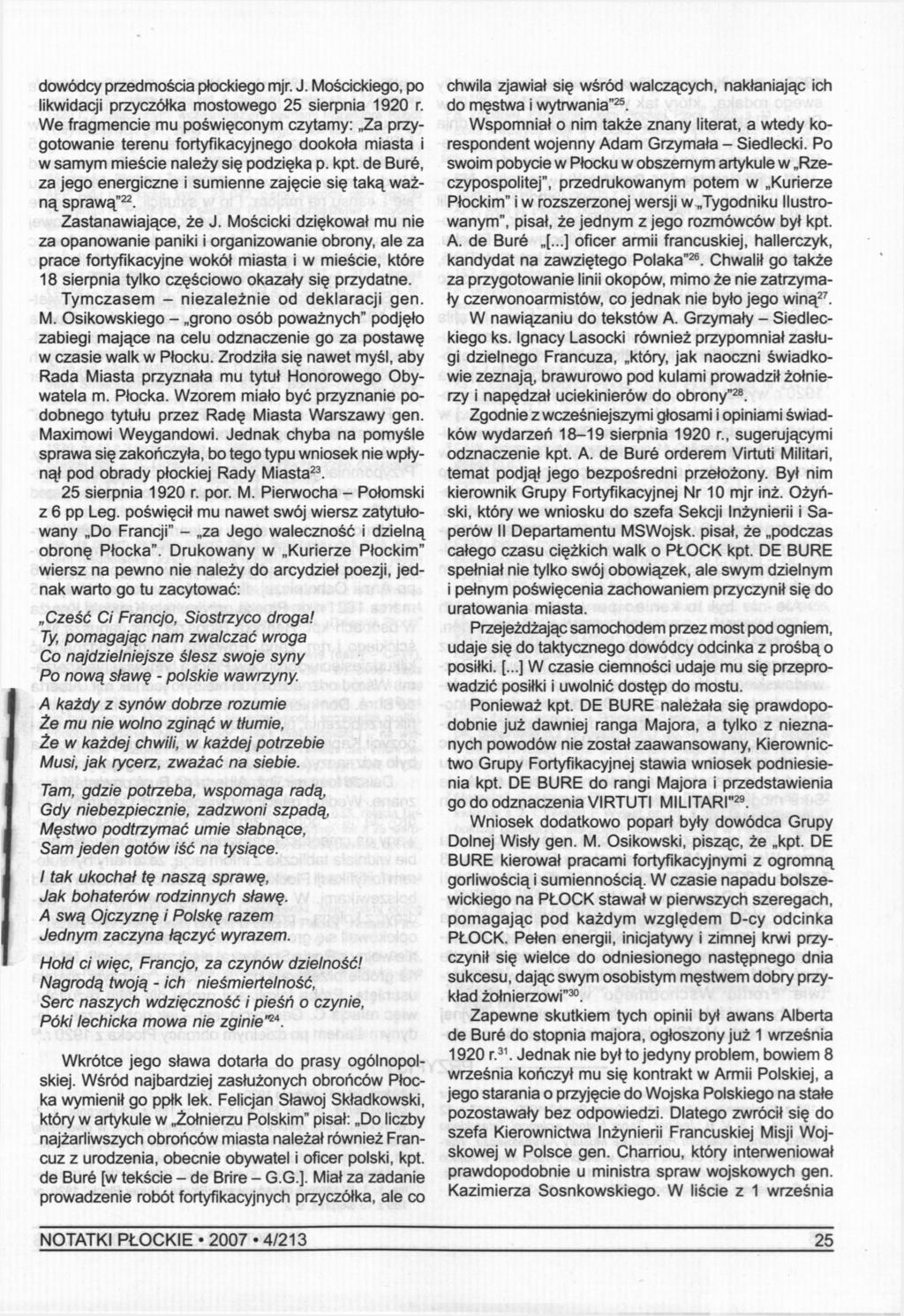 dowódcy przedmościa płockiego mjr. J. Mościckiego, po likwidacji przyczółka mostowego 25 sierpnia 1920 r.