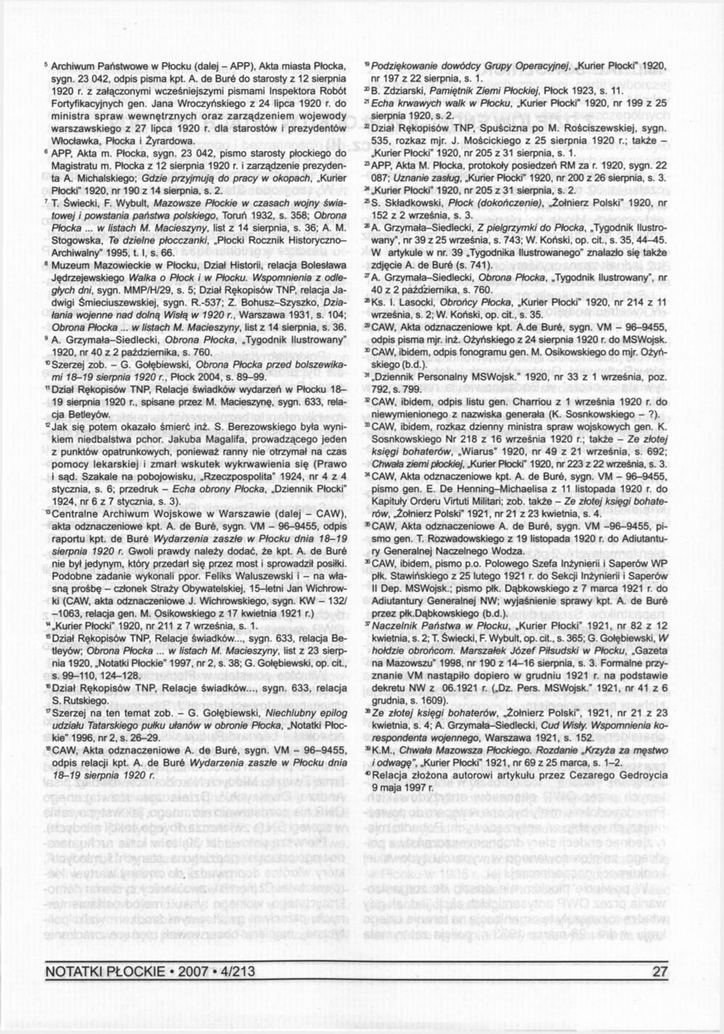 5 Archiwum Państwowe w Płocku (dalej - APP), Akta miasta Płocka, sygn. 23 042, odpis pisma kpt. A. de Bure do starosty z 12 sierpnia 1920 r.