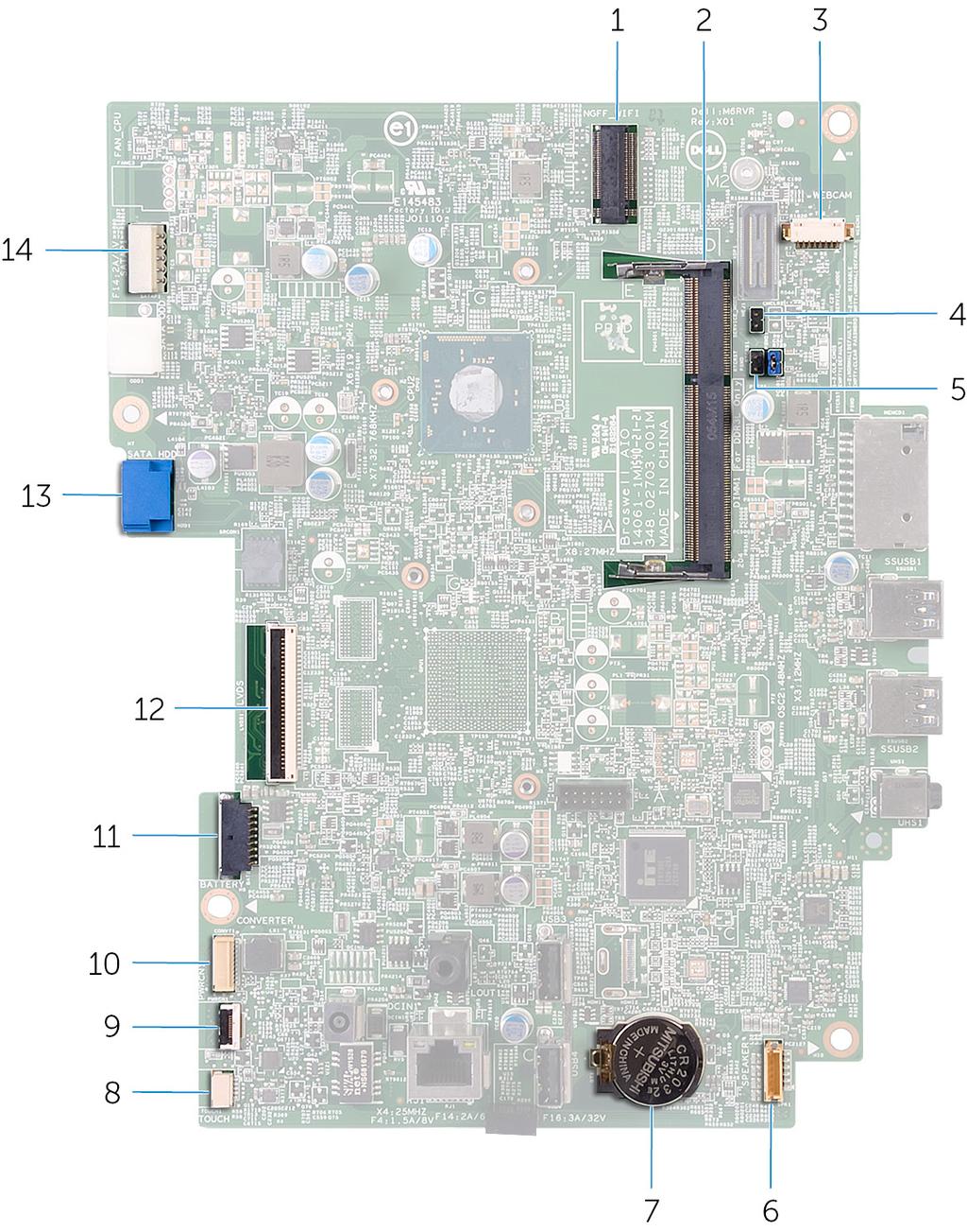 11 bateria pastylkowa Elementy płyty systemowej 1 gniazdo karty sieci bezprzewodowej (NGFF_WIFI) 2 gniazdo modułu pamięci (DIMM1) 3 złącze