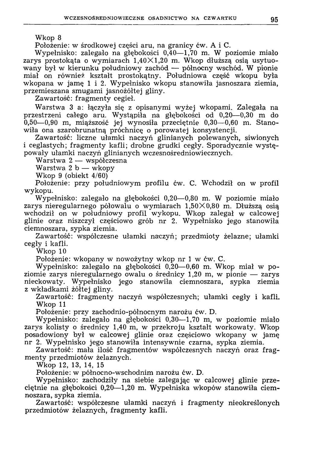 W C Z E S N O Ś R E D N IO W IE C Z N E O S A D N IC T W O N A C Z W A R T K U 95 Wkop 8 Położenie: w środkowej części aru, na granicy ćw. A i C. Wypełnisko: zalegało na głębokości 0,40 1,70 m.