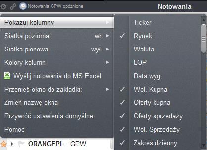 9. Ustawienia okna Modyfikacji w oknie notowań instrumentów finansowych można dokonać za pomocą Menu ustawień (Rys. 20.), które złożone jest z następujących opcji: Rys. 20. Widok okna Ustawienia dla okna notowań giełdowych.