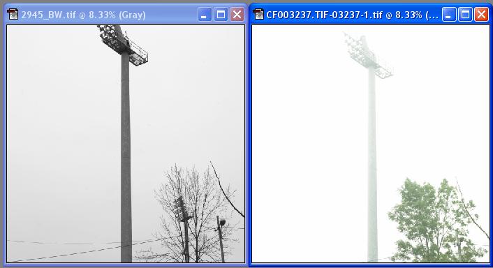 Przydatność algorytmów podpikselowej detekcji cech w wybranych zagadnieniach fotogrametrycznych Rys. 8. Porównanie obu obrazów (prawidłowy słabo kontrastujący). 4.