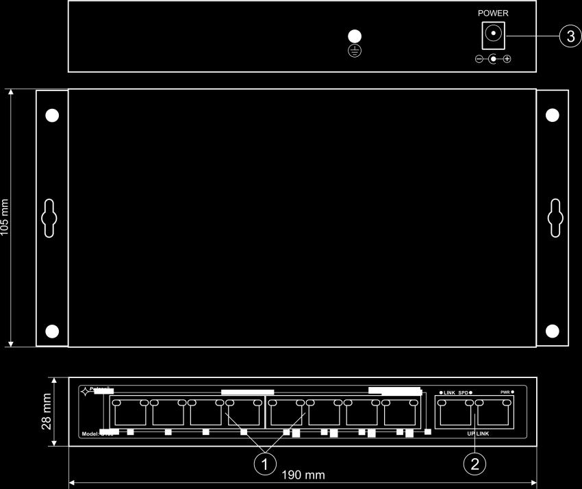 Parametry switch'a Porty Zasilanie PoE Protokoły, Standardy Przepustowość Metoda transmisji 10 portów 10/100Mb/s (8 x PoE + 2 x UP LINK) z automatyczną negocjacją szybkości połączeń, automatycznym