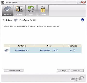 Zarządzanie dyskami Korzystanie z okna My Drives (Moje dyski) Zarządzanie dyskami Okno My Drives (Moje dyski) stanowi centralny punkt, z którego można zarządzać urządzeniem Seagate FreeAgent.