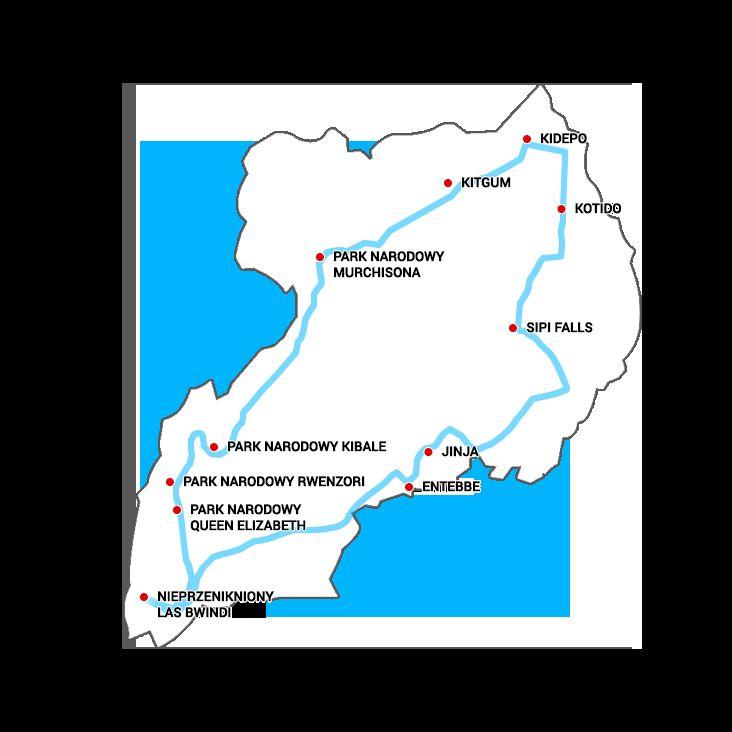 Dzień 1 BERLIN Wylatujemy do Ugandy Dzień 2 ENTEBBE KAMPALA JINJA Przylot i przejazd do źródła Nilu Dzień 3 JINJA - SIPI FALLS Wodospady Sipi Dzień 4 SIPI FALLS - KOTIDO Trekking w okolicach
