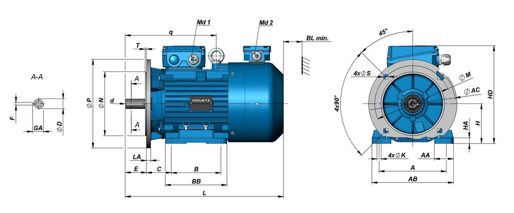 Wymiary montaŝowe silników kołnierzowych na łapach Mounting dimensions for foot-flange-mounted motors A B C D E F GA H K M N P S T e 2SIEL90S.