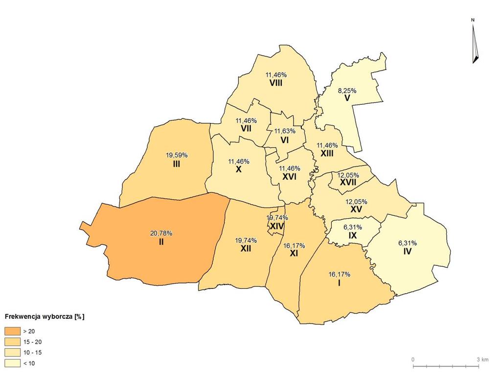 Mapa nr 10 Frekwencja wyborcza w wyborach parlamentarnych w 2015 r.